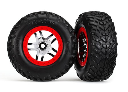 SCT Off-Road Racing Tires on SCT Split-Spoke Chrome, Red Beadlock Style Wheels, Dual Profile (2.2" Outer, 3.0" Inner)